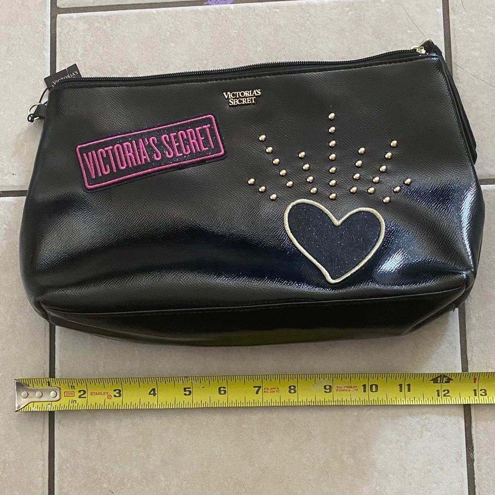 Victoria's Secret Black Cosmetic Bag with Pink Logo and Heart Design